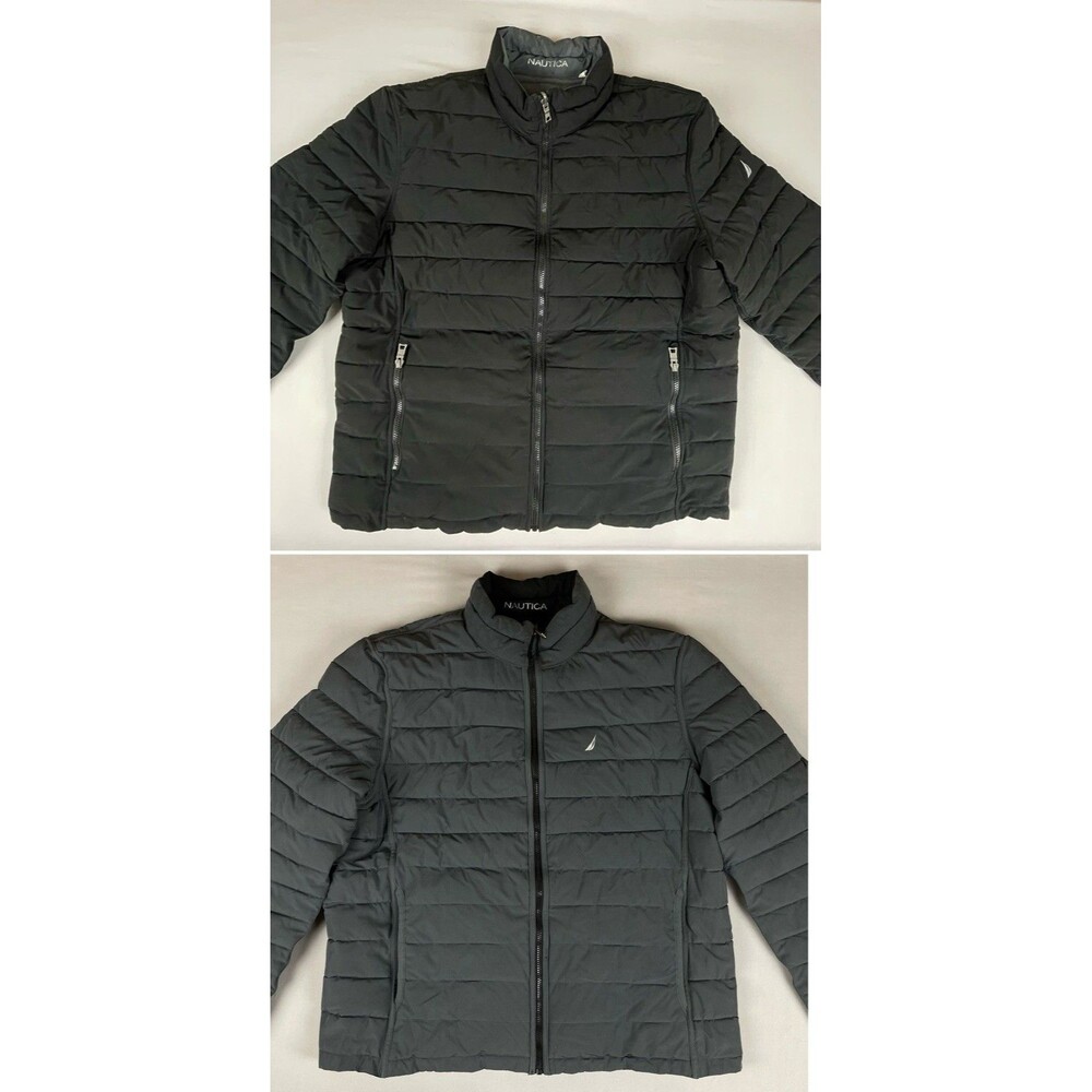 Nautica Puffer Reversible Jacket Men’s XXL Black Gray Spell Out Full Zip Basic